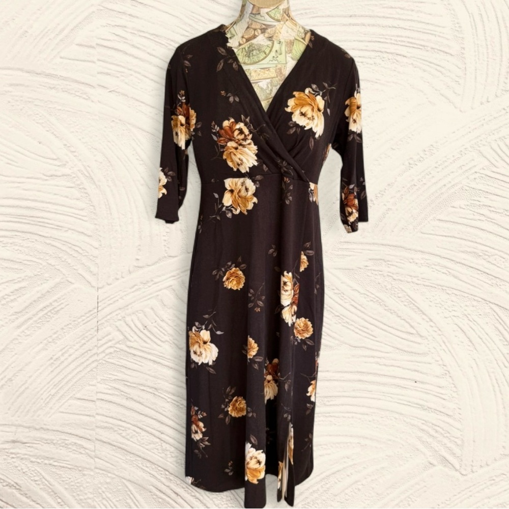 J. Jill Wearever Collection Black Floral Wrap Midi Dress Golden Rose Print S P